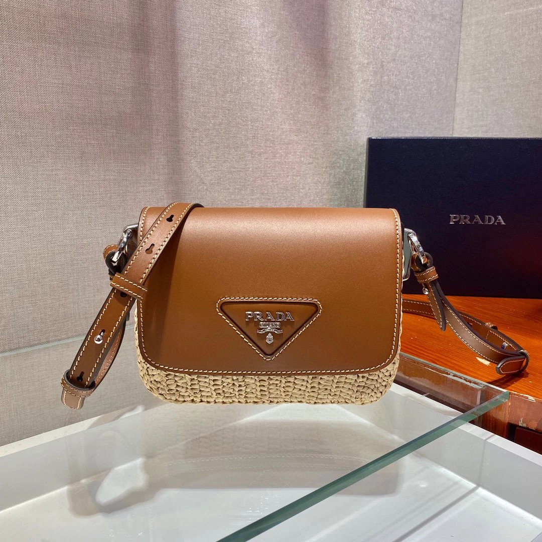 PRADA Bag Top version The Original Order Is New Straw Bag and Imported Cowhide European and American Fashion Large Capacity Handmade Bamboo Middle-Ancient Women's Woven Square Bag Vegetable Basket Shopping Bag Casual Box Bag Shoulder Bag Messenger Bag Wom