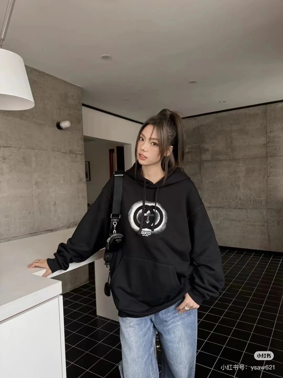 Gucci Hoodie Chest Print logo Solid Color Hooded Sweatshirt Jacket Top Unisex Sports Casual Loose Fit Versatile