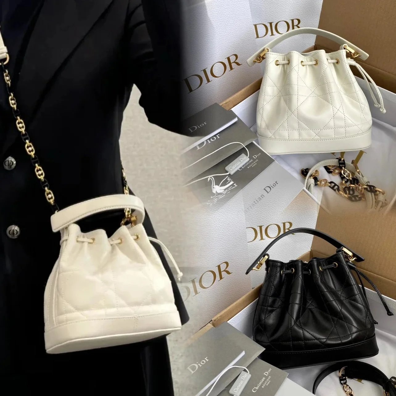 Dior Women's Bag Top version 【Original Leather Premium Version】Dijia2024New Jolie Bucket Bag Hand-Carrying Bucket Bag Pearl Chain Bag Two-Tone Letter Chain Crossbody Bag Small Bucket Bag