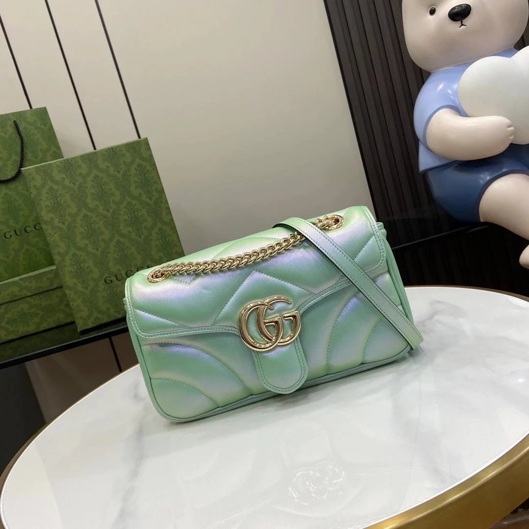 Gucci Women's Bag Top version 【High Version Original Leather】2024Early Spring New marmont Mermaid Laser Magic Color Ma Meng Bao's Home Mermaid Magic Color Pearl Color Love Chain Bag Ma Meng Fang Fat Bag443497