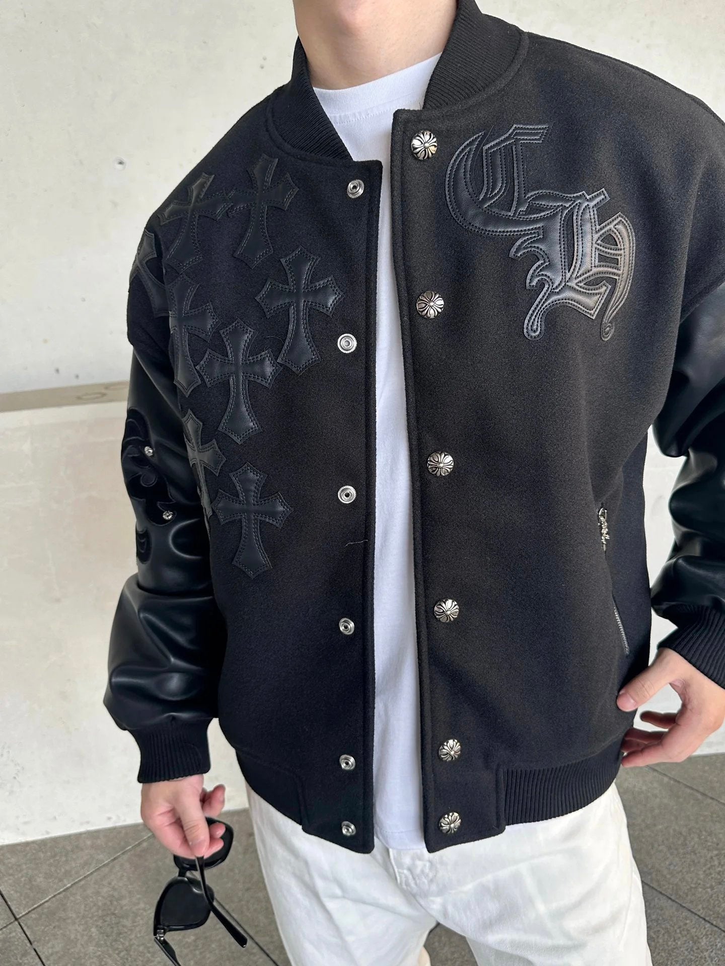 Chrome Hearts Jackets Leather Patch Logo Leather Sleeve Baseball Jacket Solid Color Contrast Short Jacket Towel Embroidery American Style Letters Unisex Street Cotton Padded Thickened Jacket