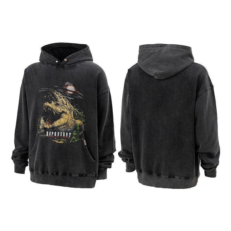 Eric Emanuel Hoodie High Street Fashion Brand rep Sunset Alligator Printed Men's and Women's Same Washed Distressed Coat Casual Sports Hoodie