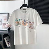 Louis Vuitton LV T-shirt Hand-painted Letter and Four-leaf Flower Print on Chest logo round Neck Short Sleeve25ss New Pure Cotton Unisex Style T T-shirt OS Loose Fit Base Shirt Top Half Sleeve T-Shirt