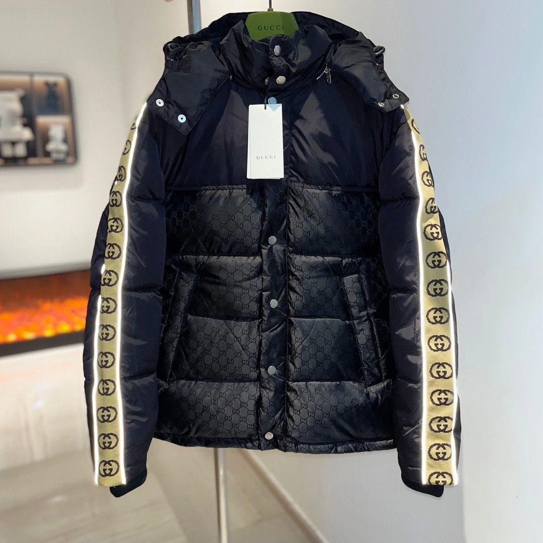 Gucci Down Jacket New Full Print Reflective Ribbon Fashion Show Style Double G Jacquard Down Jacket Coat Unisex Couple Style