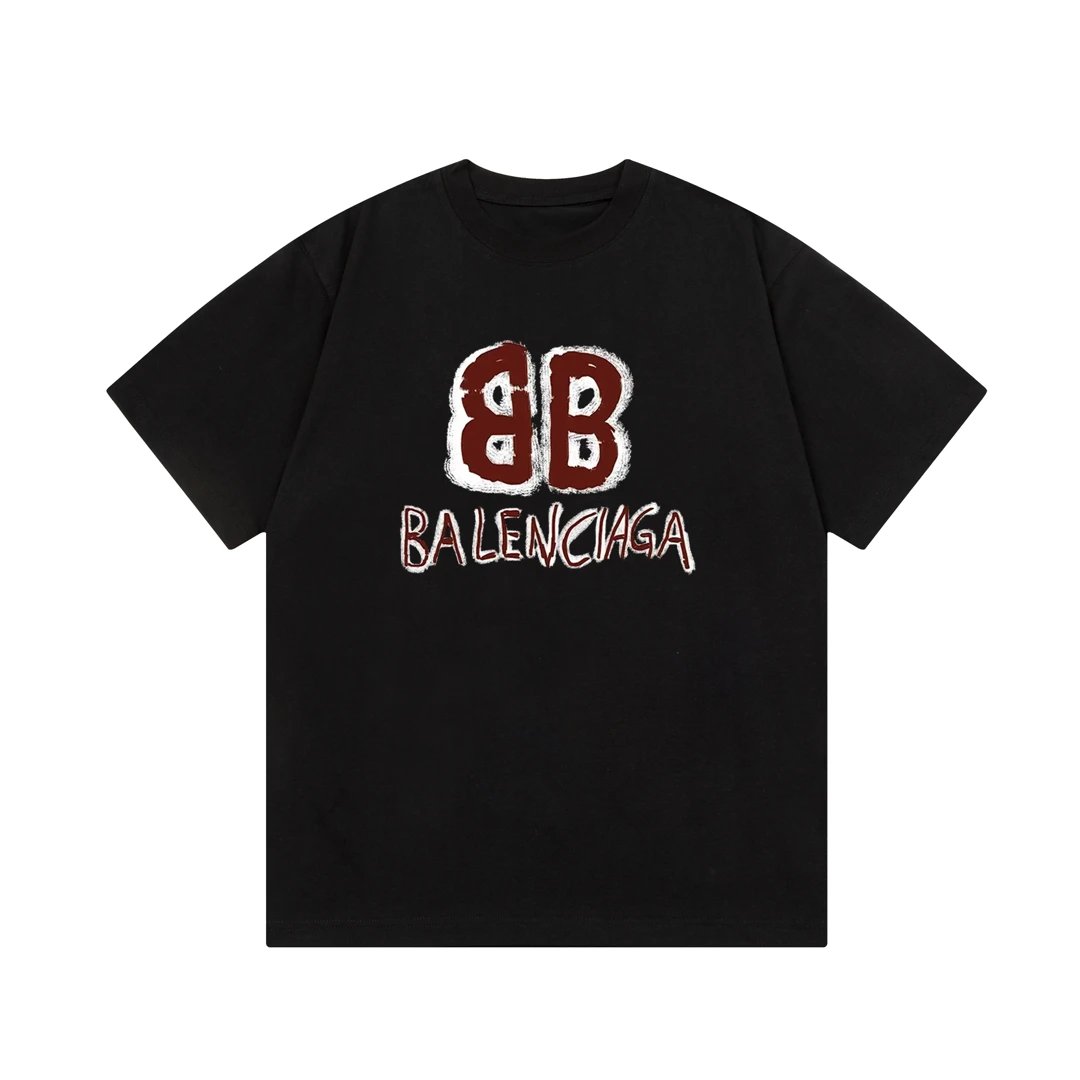 Balenciaga T-shirt Double B Doodle Letter Print Logo Logo Crew Neck Short Sleeve25ss New Pure Cotton Unisex Style T T-shirt OS Loose Fit Base Shirt Top Half Sleeve T-Shirt
