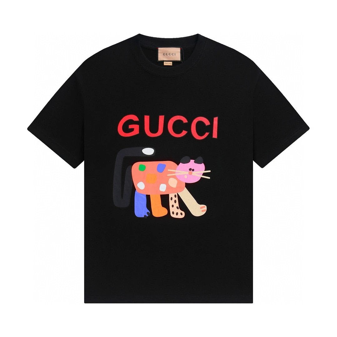 Gucci T-shirt Cartoon Cat Print on the Chest logo round Neck Short Sleeve25ss New pure cotton T Unisex T-Shirt OS Loose Fit Base Shirt Top Half Sleeve T-Shirt