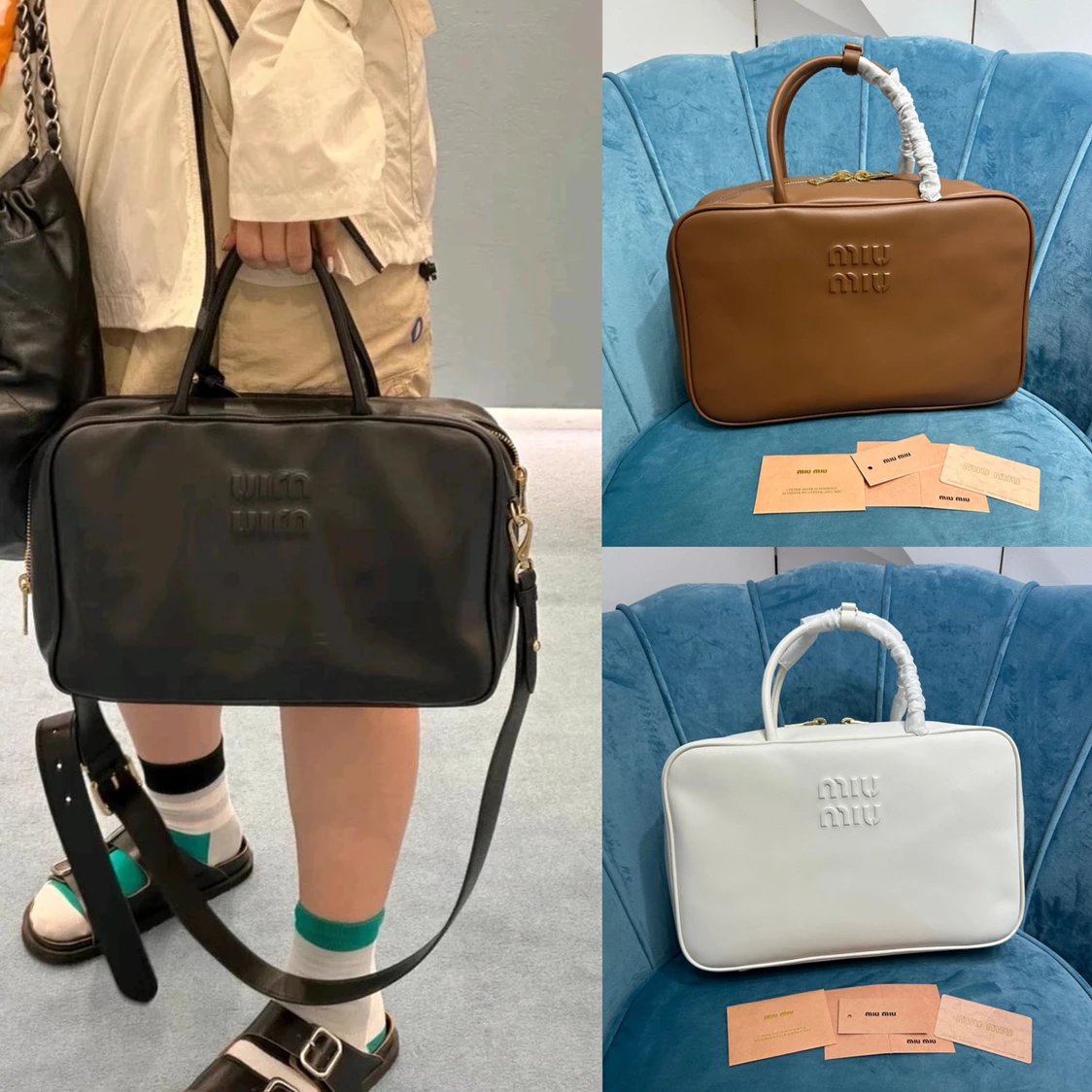 Miu Miu Bag Top version 【Level Surrogate Shopping】Miu New Bowling Bag Imported Calfskin Large Capacity Men's and Women's Same Casual Fashion Commuter Handbag Briefbag Shoulder Messenger Bag