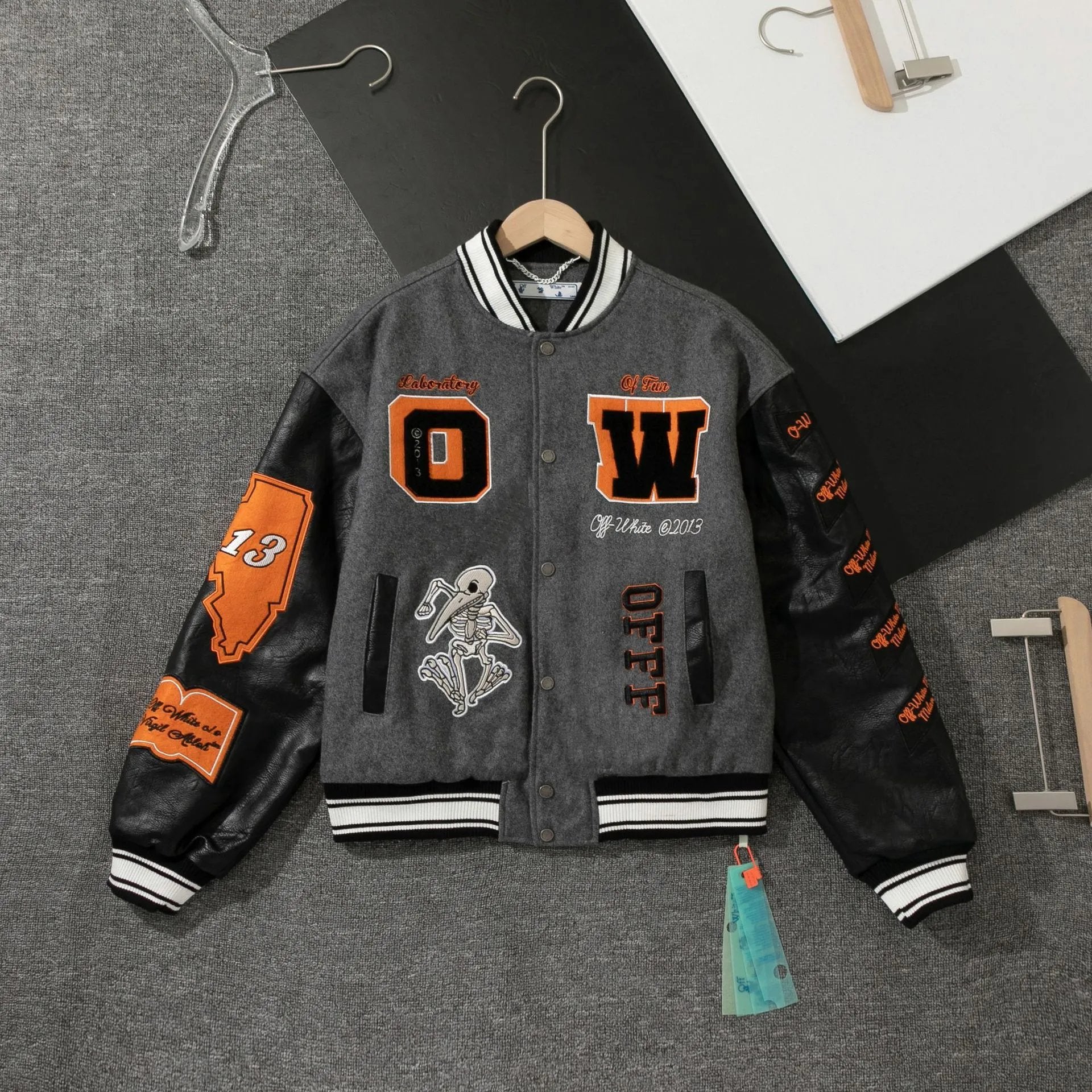 OFF-White Jackets Coats This Year's New Leather Patchwork Baseball Uniform European and American Fashion Brand Couple's Youth Street Fashion Jacket Jacket