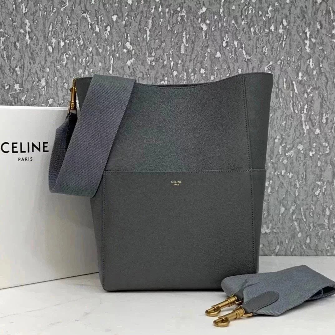 Celine women's bag Top version 【Level Surrogate Shopping】Large Size SeauSangleBucket Large Bucket Bag tote Tote Bag Litchi Grain Cowhide Commuter Bag Celine Women's Bag Mummy Bag sangle Bucket Bag Large