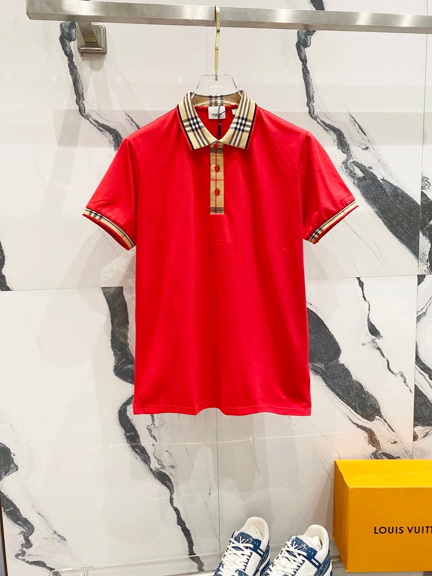Burberry T-shirt Plaid Woven Collar Patchwork LOGO Identification POLO Short Sleeve Turn-down Collar Shirt Unisex Summer Loose Fit T Business Casual Half Sleeve Shirt Plus Size T-Shirt