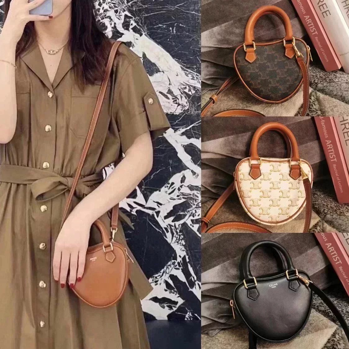 Celine women's bag Top version 【Kowloon Leather Edition】New Heart Bag New Year Capsule Series Heart-Shaped Handbag TRIOMPHE Logo Printing and Fun Type Heart Bag Can Be Carried by Hand、Women's Shoulder Crossbody Bag198223