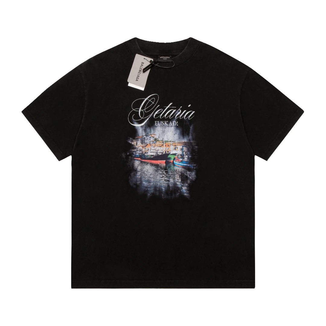Balenciaga T-shirt Spanish Town Print on the Chest logo round Neck Short Sleeve25ss New pure cotton T Unisex T-Shirt OS Drop Shoulder Style Base Shirt Top T-Shirt Half Sleeve