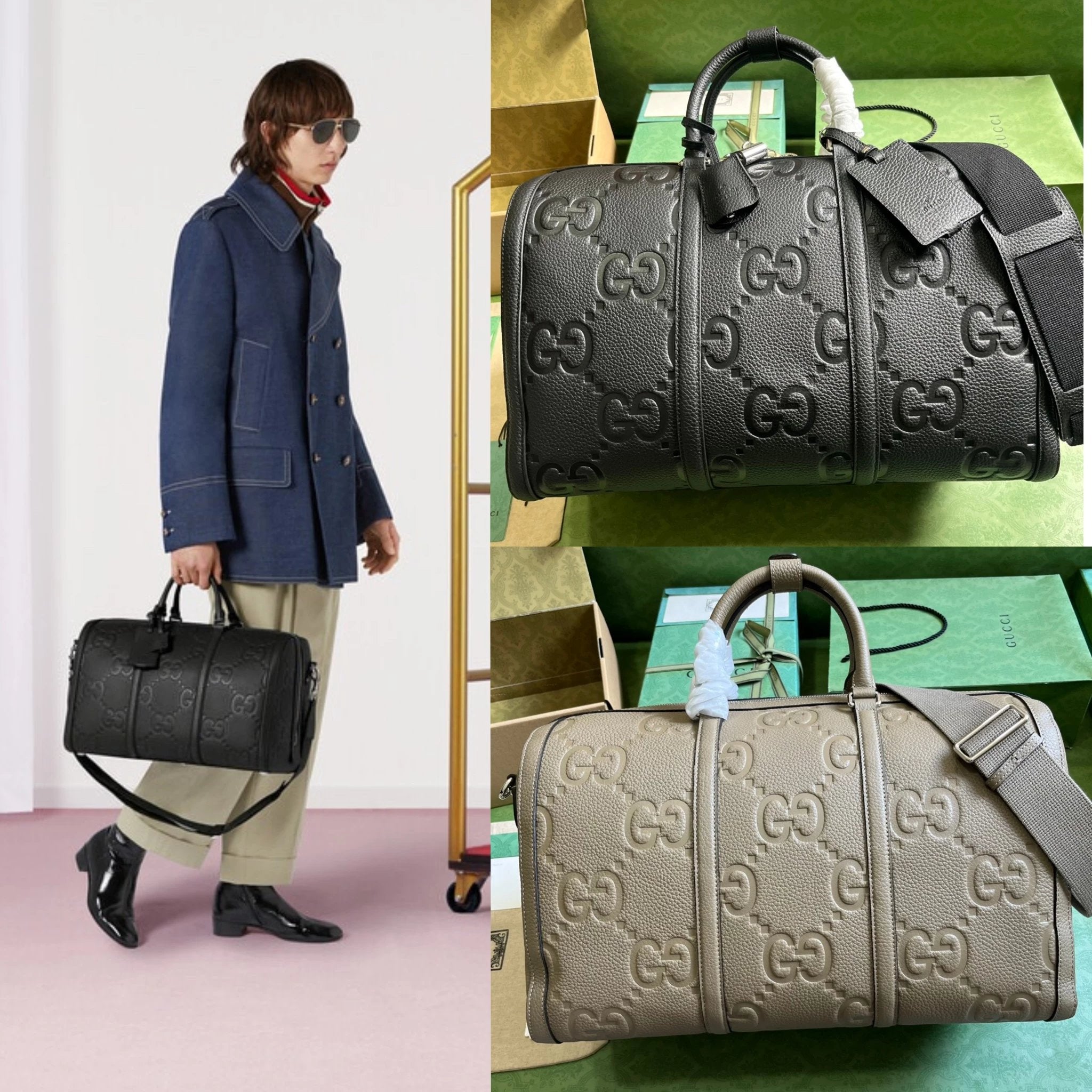 Gucci Tote Bag/Briefcase/Travel Bag Top version 【**Customization】23New Ophidia Brand New Super Double G Series Travel Bag Black Cowhide Embossed Original Leather Business Traveling Luggage Bag Travel Bag45cm Model：725282