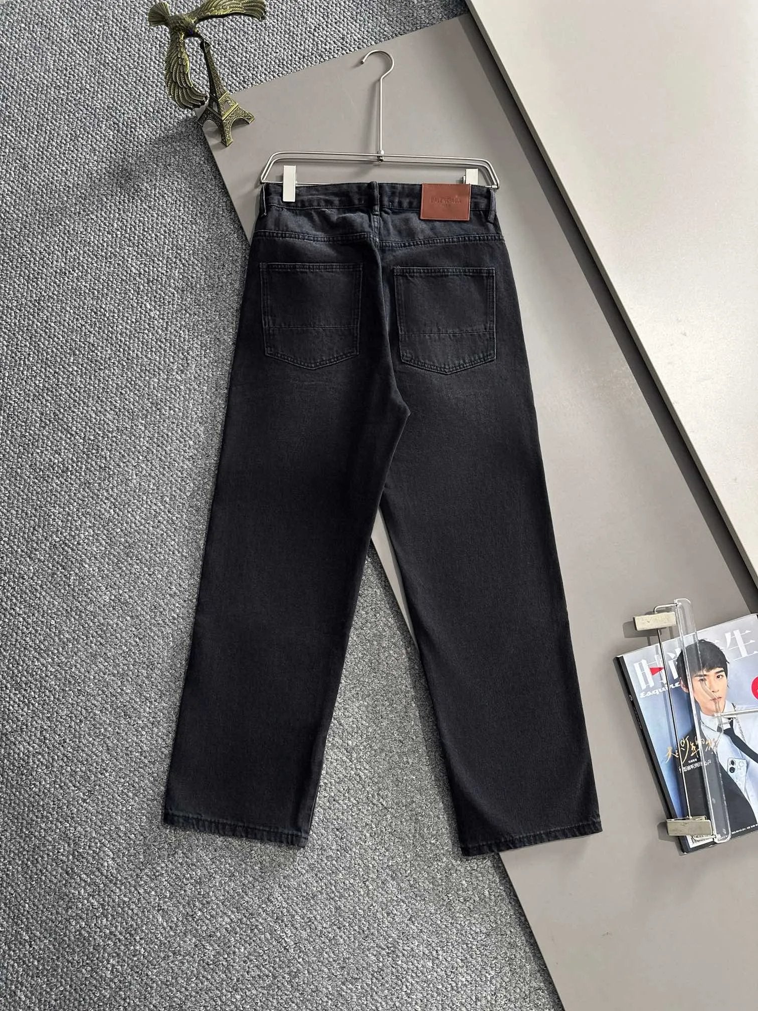 Balenciaga Jeans Back Waist Leather Tag logo Straight Washed Blue Jeans Autumn Winter New Unisex Loose Casual Wide Leg High Waist Pants