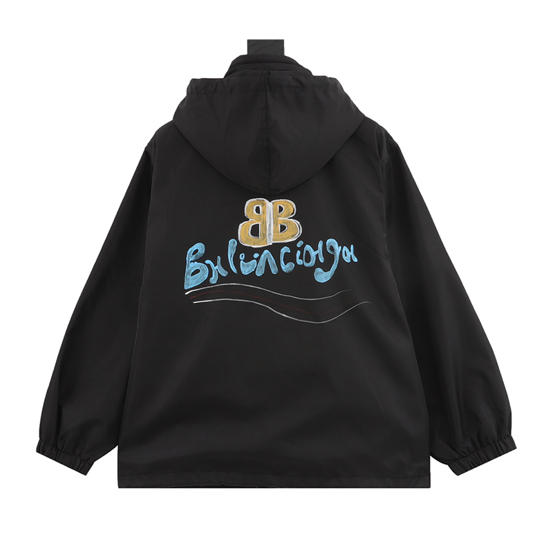 Balenciaga Jackets Chest Graffiti LOGO Hooded Jacket Same Style for Men and Women