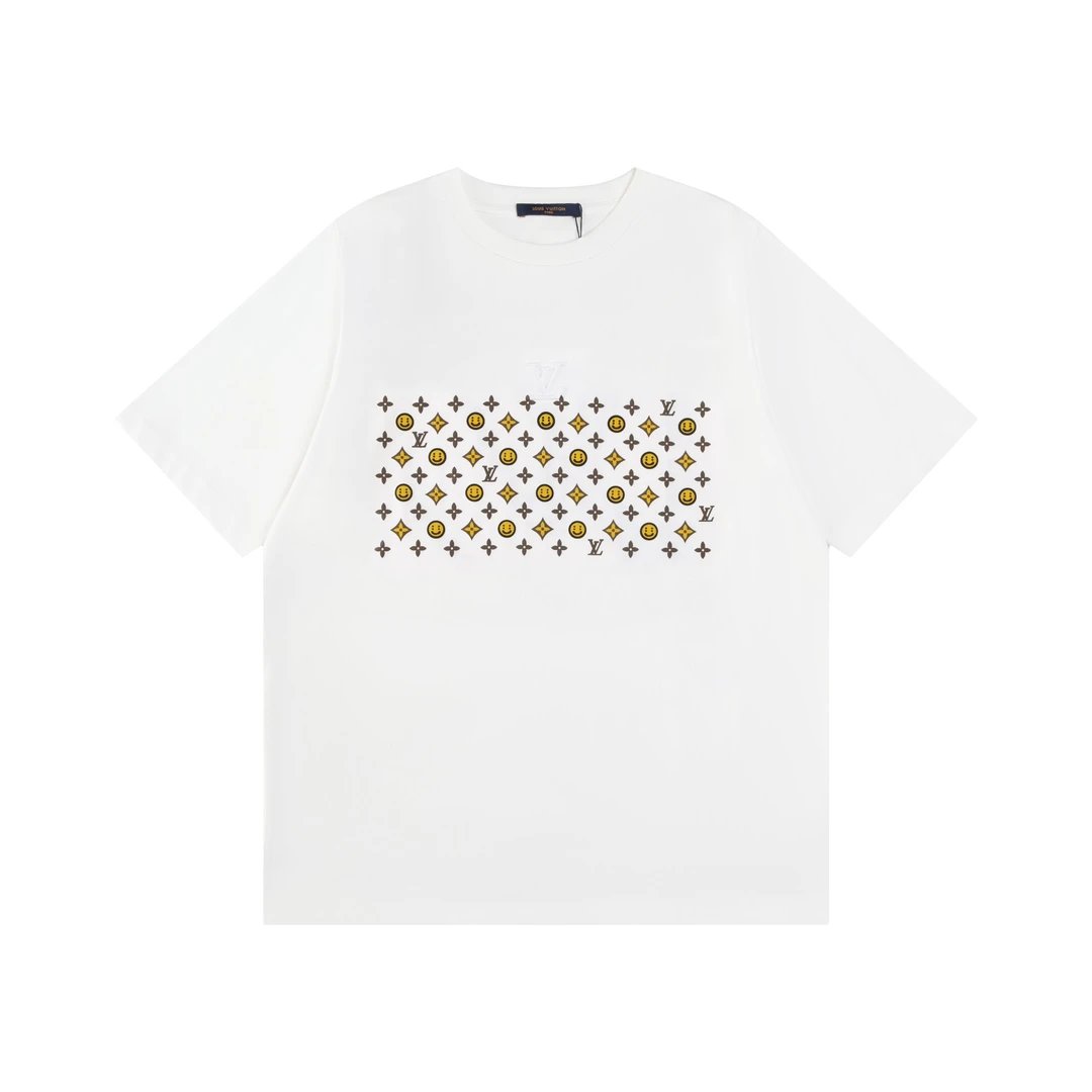 Louis Vuitton LV T-shirt Front and back smiley face embossed print logo round Neck Short Sleeve25ss New pure cotton T Unisex T-Shirt OS Loose Fit Base Shirt Top Half Sleeve T-Shirt