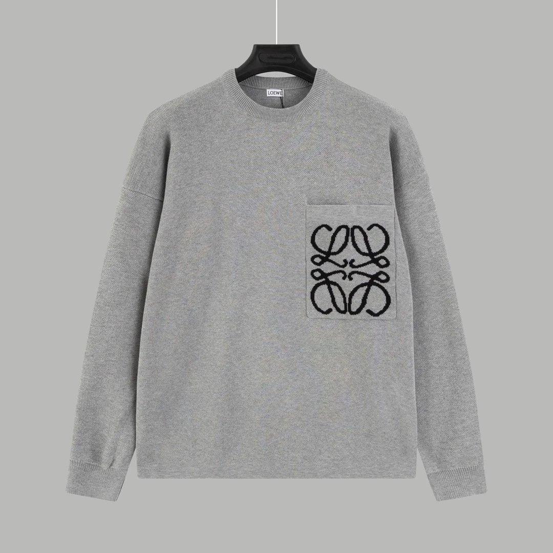 LOEWE Sweater Pocket Jacquard Logo Round Neck Pullover Knit Sweater Casual Loose Versatile Thickened Warm Inner Layer Top os Unisex Style24ss Autumn and Winter New Products