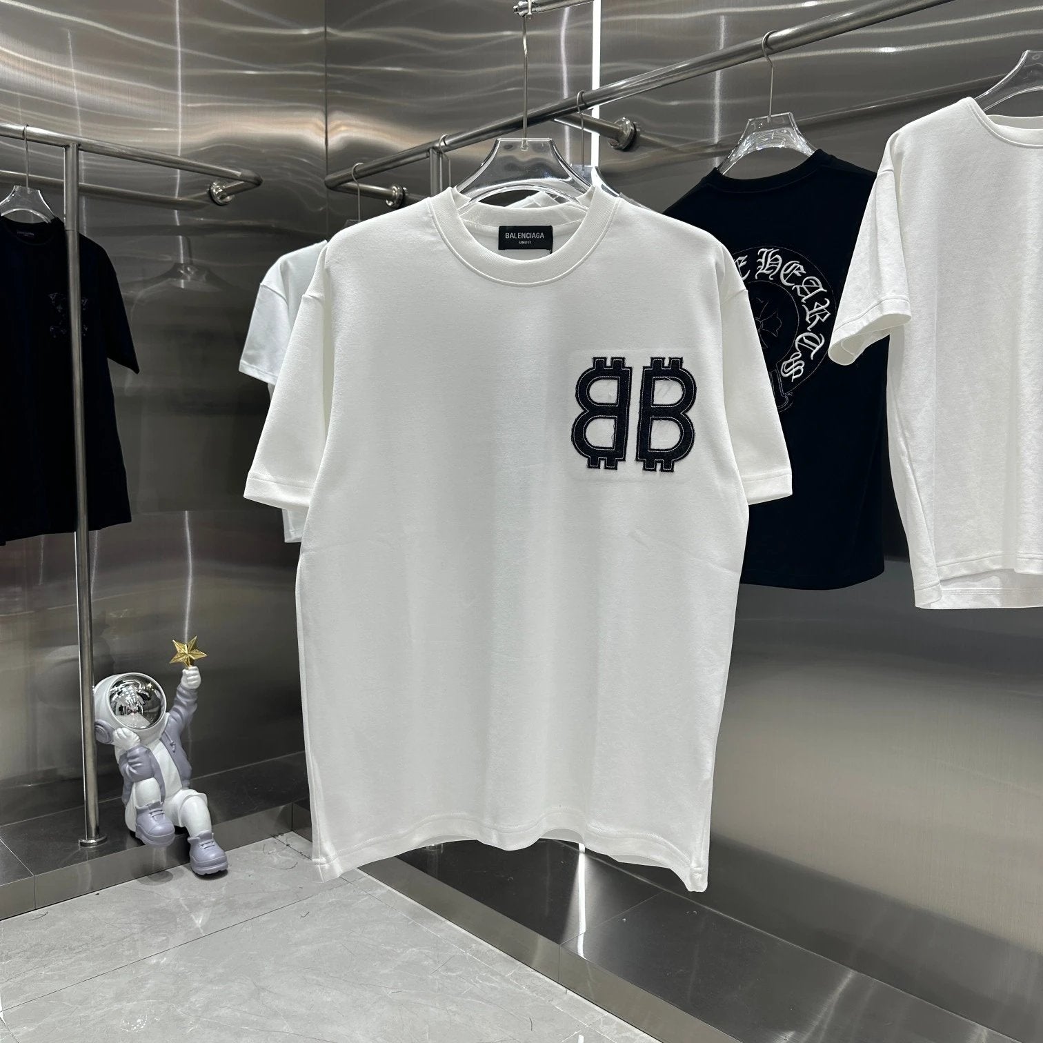 Balenciaga T-shirt Denim Patch Embroidery logo round Neck Short Sleeve25ss New pure cotton T Unisex T-Shirt OS Drop Shoulder Style Base Shirt Top T-Shirt Half Sleeve