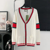 Gucci Sweater Cable Knit V Cardigan Sweater25ss Spring New Men's and Women's Same Style Long Sleeve Soft Lazy Style Jacket OS Loose Fit Versatile Casual