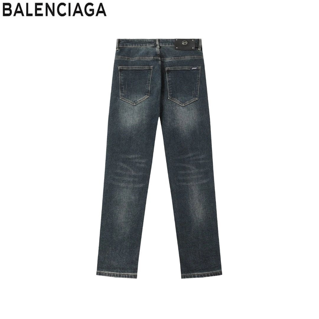 Balenciaga Jeans Fleece-Lined Waistband with Leather Tag logo Straight Washed Blue Jeans Autumn Winter New Unisex Loose Casual Wide Leg High Waist Pants