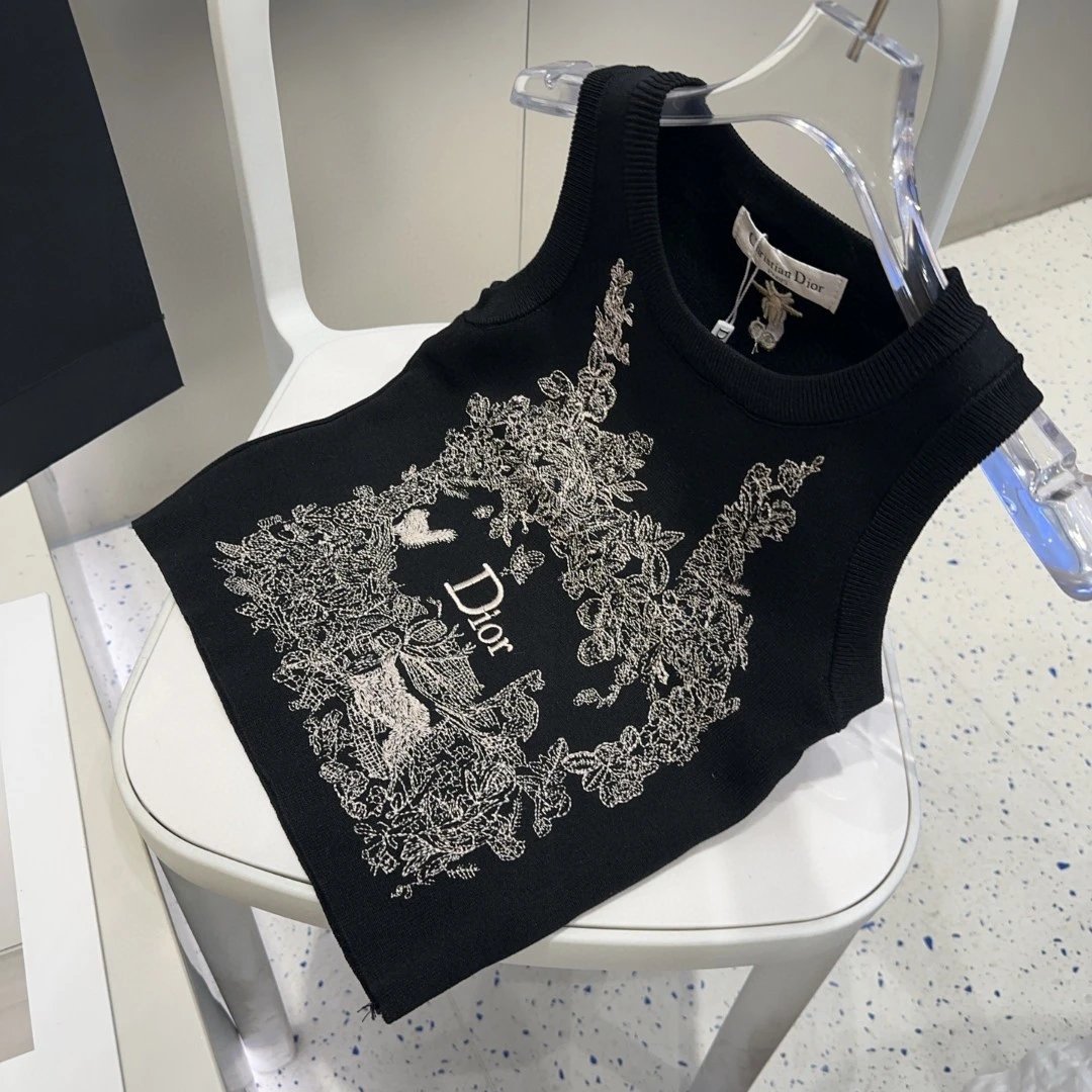 Dior T-shirt Chest Letter Pattern Print logo Sleeveless Short Sleeve Sleeveless Vest25ss New Pure Cotton Women's Style T T-shirt OS Loose Fit Base Shirt Top Half Sleeve T-Shirt