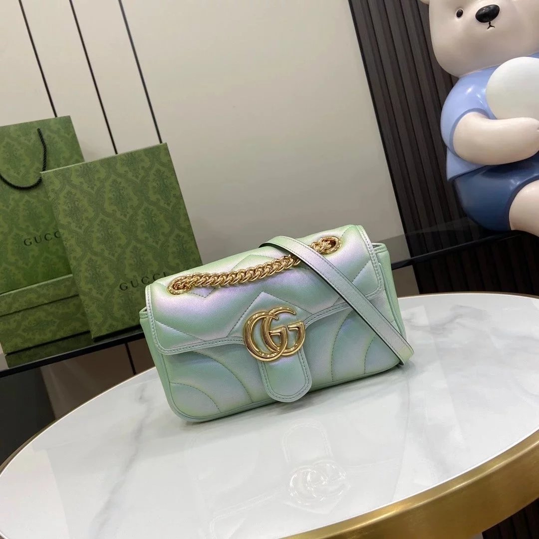 Gucci Women's Bag Top version 【High Version Original Leather】2024Early Spring New marmont Mermaid Laser Magic Color Ma Meng Bao's Home Mermaid Magic Color Pearl Color Love Chain Bag Ma Meng Fang Fat Bag443497