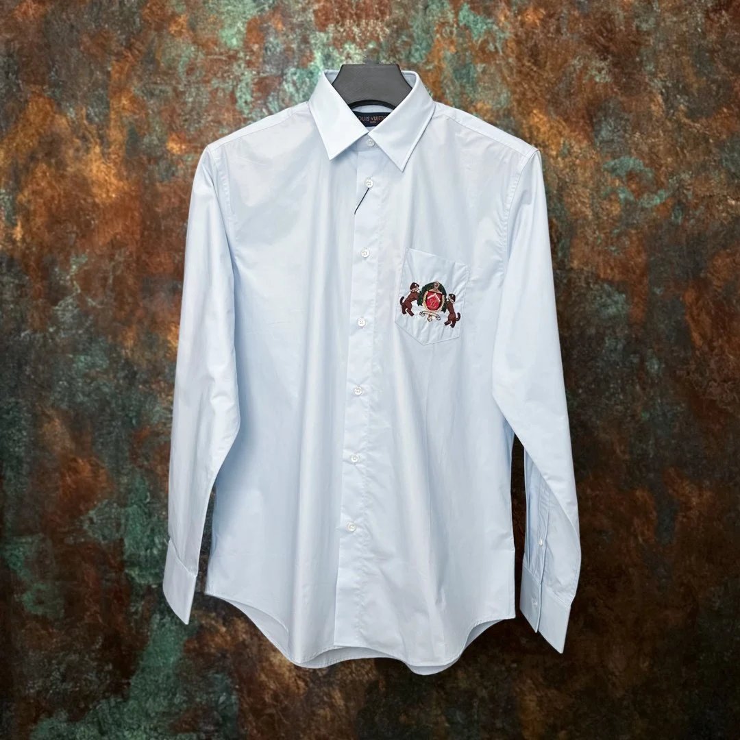 Louis Vuitton LV Shirt Chest Dog Embroidered Beaded Cotton Button Long Sleeve Shirt25ss New Solid Color Vintage Plaid Striped Cotton Patchwork Striped Unisex War Horse Jacket Shirt Casual Business Versatile