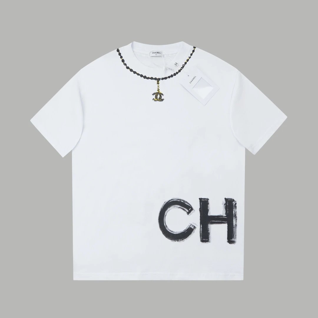 Chanel T-shirt Necklace with Front and Back Letter Print logo round Neck Short Sleeve25ss New Pure Cotton Unisex Style T Casual T-Shirt Base Layer Shirt OS Loose Fit Half Sleeve Top Plus Size