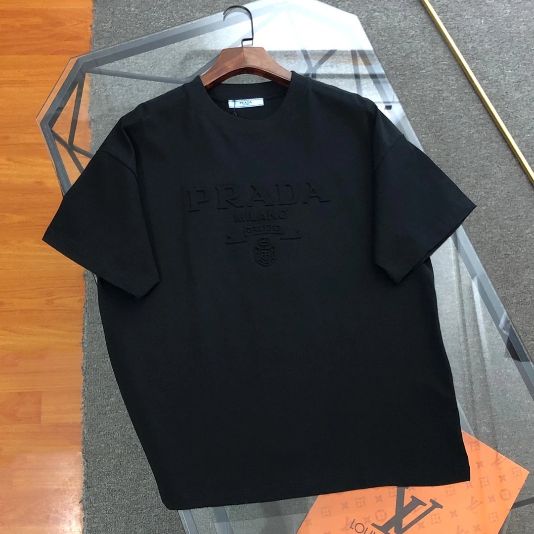 PRADA T-shirt 3D Embossed logo round Neck Short Sleeve25ss New Pure Cotton Unisex Style T Casual T-Shirt Base Layer Shirt OS Loose design
