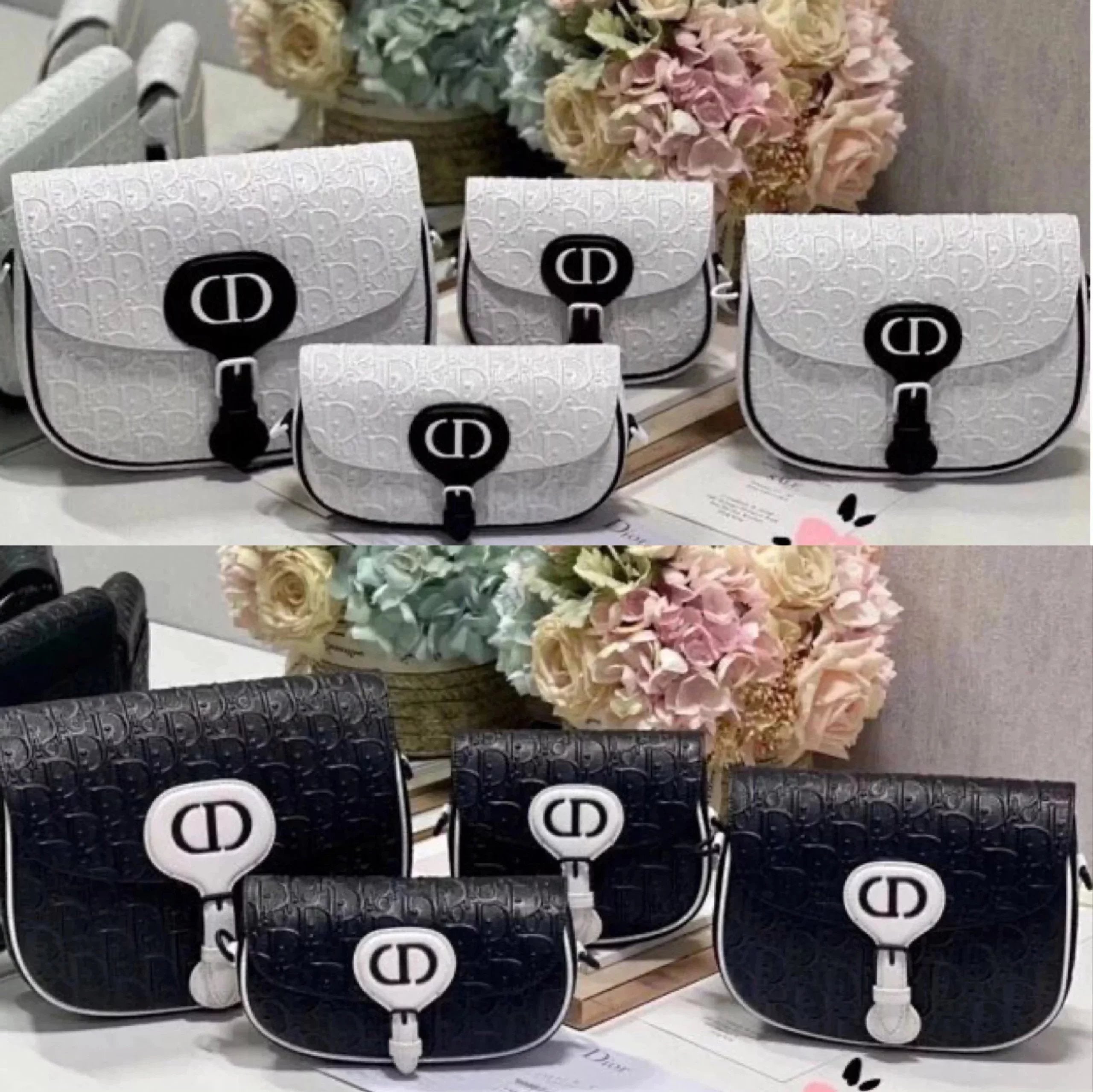 Dior Women's Bag Top version 【Original Leather】2022New Bobby Handbag Hollow Bobbi Bag Black and White Panda Color Matching Shoulder Messenger Bag Made of Hollow Cow Leather Oblique Printing Effect New Women's Bag Selenodont Bag Crossbody Bag Saddle Bag