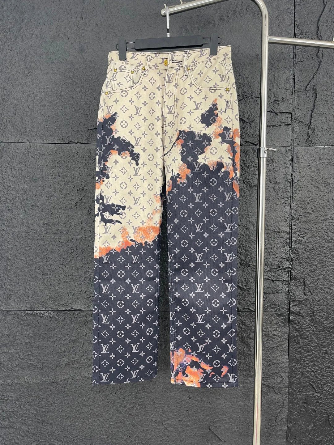 Louis Vuitton LV Jeans Full Print Gradient Color Block Old Flower logo25ss Spring Summer New Straight Leg Jeans Unisex Slim Fit Long Pants Loose