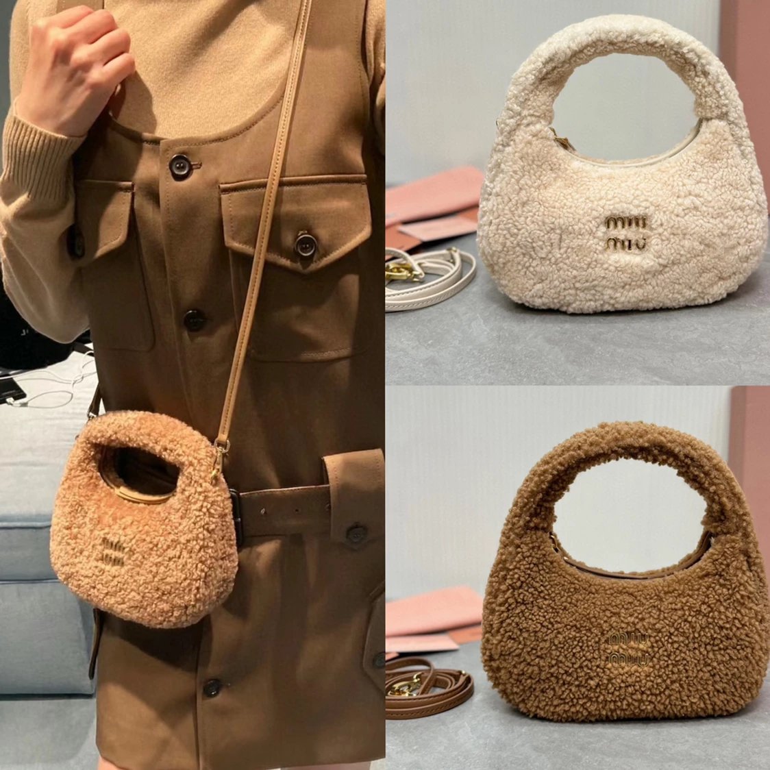 Miu Miu Bag Top version Version Surrogate Shopping wanderhobo Autumn and Winter New Lamb Wool Handbag Small Size minihobo Shoulder Crossbody Bag Hand Holding Dinner Bag5BC125