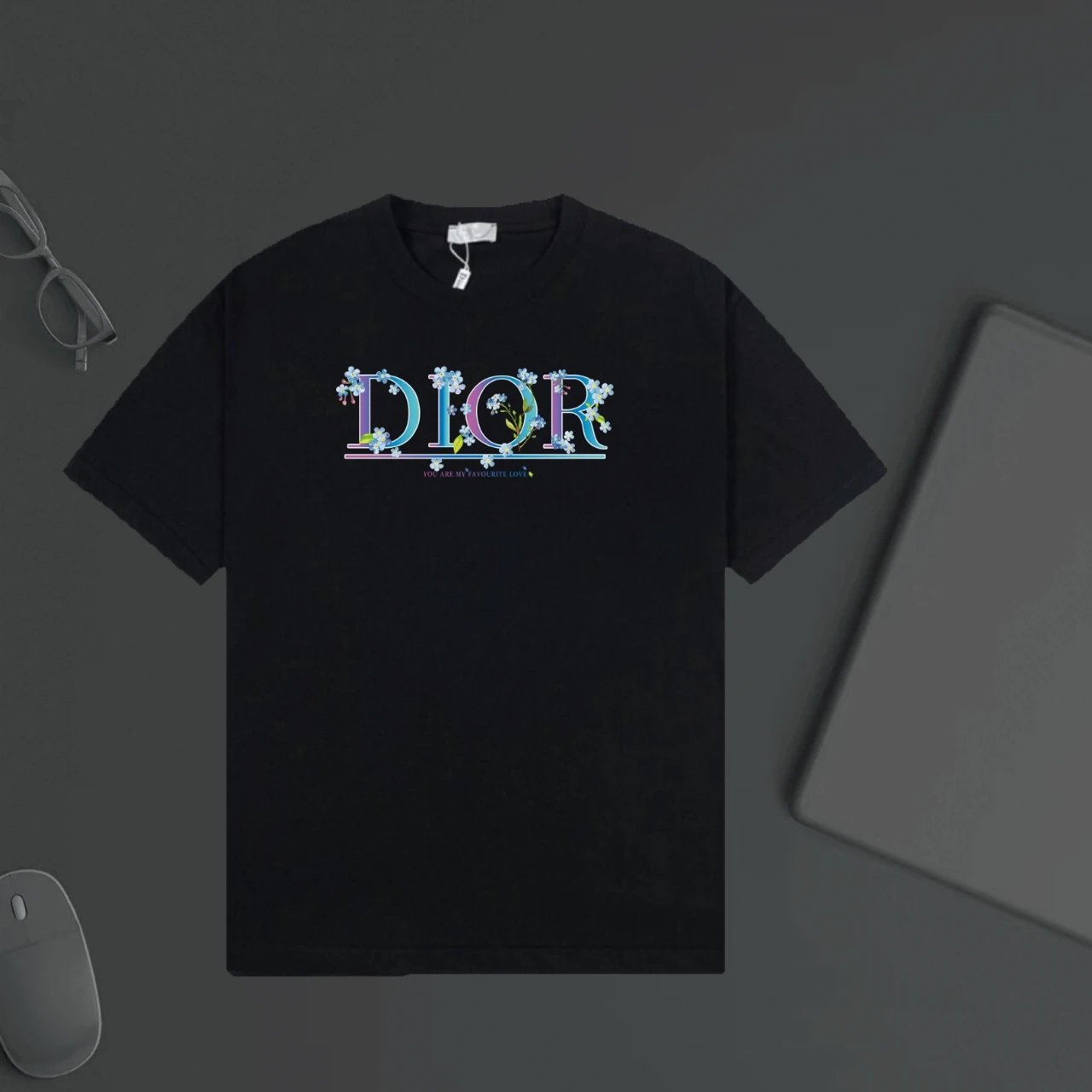 Dior T-shirt Chest Letters with Fresh Flower Embellishments Print logo round Neck Short Sleeve25ss New Pure Cotton Unisex Style T T-shirt OS Loose Fit Base Shirt Top Half Sleeve T-Shirt