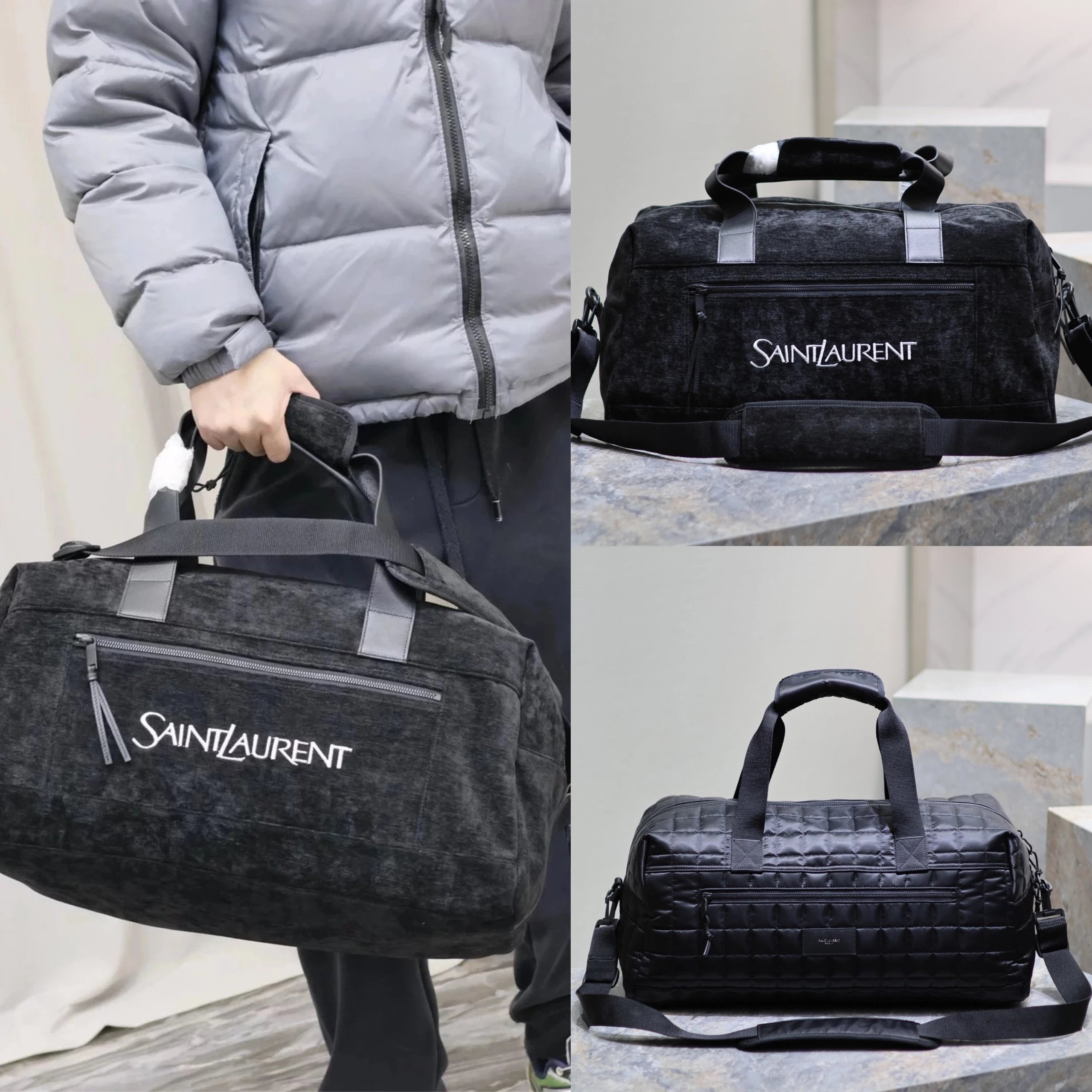 YSL Backpack Top version 【Original Leather】2024Early Spring New Black Jacquard Large50cm Travel Bag Suede Travel Handbag Travel Bag Plaid Nylon Cloth Luggage Bag Large Men's Bag Crossbody Bag Women's Bag Shoulder Handbag Large Capacity Bag for Business Tr