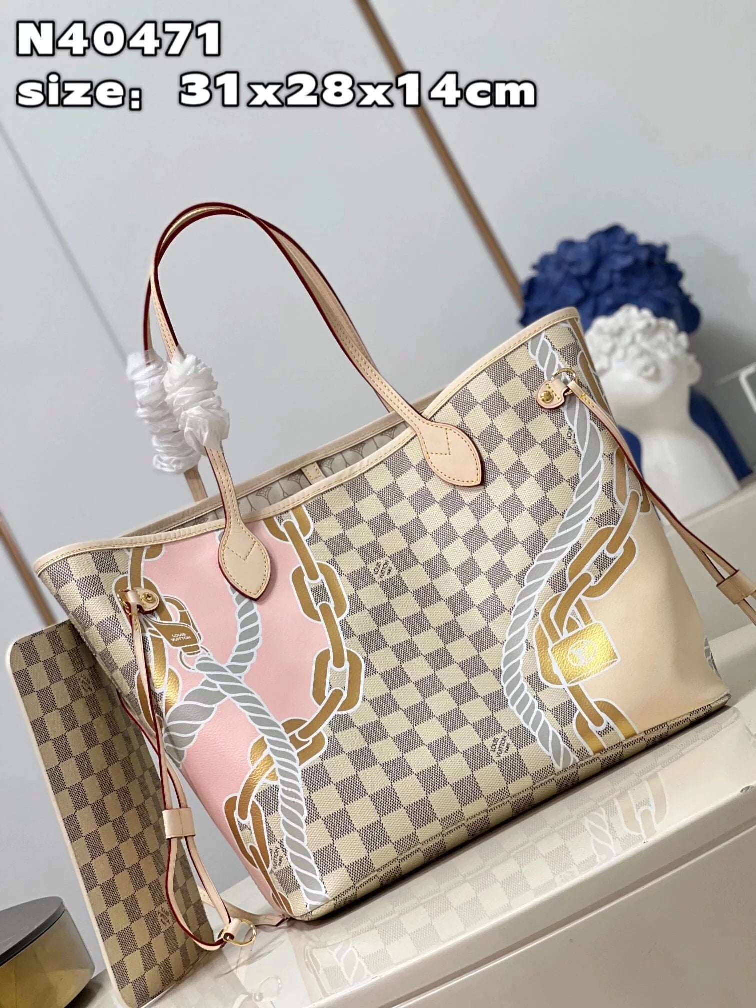 Louis Vuitton LV Women's Bag Top version 【Spring and Summer Limit】N40471White Chessboard NEVERFULL Sailing Chain Shopping Bag Series Mummy Bag tote Tote Handbag Sub-Mother Bag