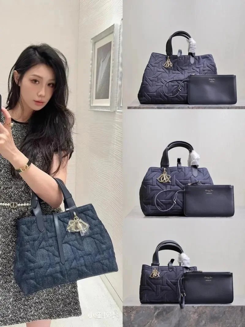 Dior Women's Bag Top version 【Shangxin Premium Original Factory High Quality】Handbag24Autumn and Winter New Denim Pressed Rattan Plaid Handbag Rattan Plaid Shopping Bag Large, Medium and Small Three One Size New Autumn and Winter Women's Bags Handbag