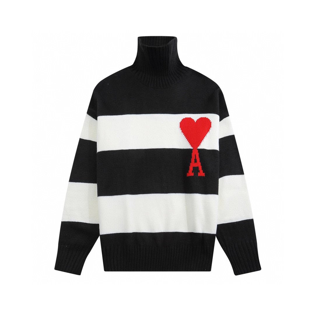 Ami Sweater Top Version Autumn and Winter New High Neck Long Sleeve Striped Wool Sweater Big Love Embroidery Men's and Women's Sweaters