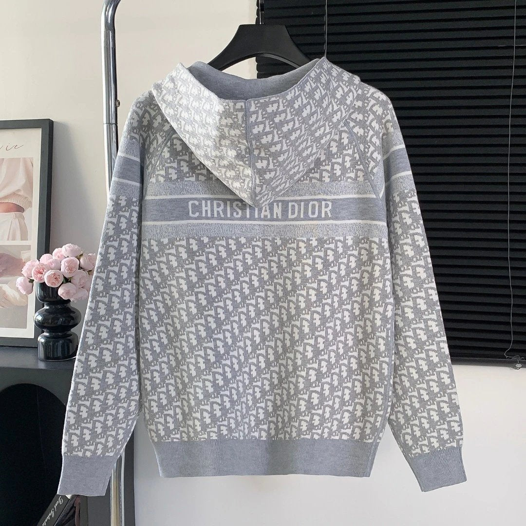 Dior Sweater Full Jacquard Print LOGO Zippered Hooded Sweater25ss Spring New Thickened Long Sleeve Pullover Unisex OS Loose Fit Top Versatile Casual Jacket