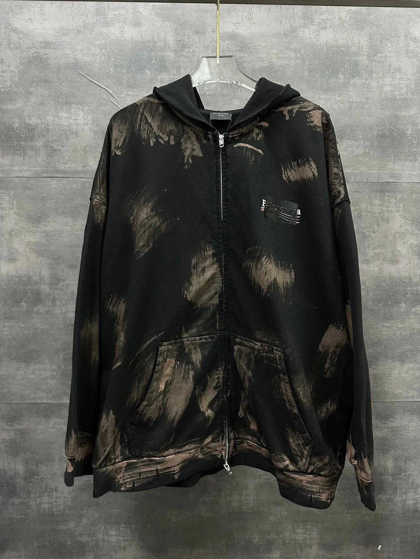 Balenciaga Hoodie Hand-Washed Hand-Painted Dirty Style Letter Embroidery Glued Hooded Cardigan Sweatshirt Jacket Unisex Loose Fit