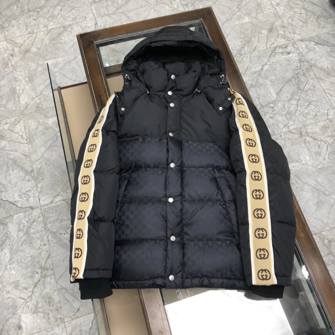 Gucci Down Jacket Reflective Webbing Hooded Down Jacket90White Goose Down Short Casual Loose Jacket with Detachable Stand Collar for Men and Women24ss New Winter Products