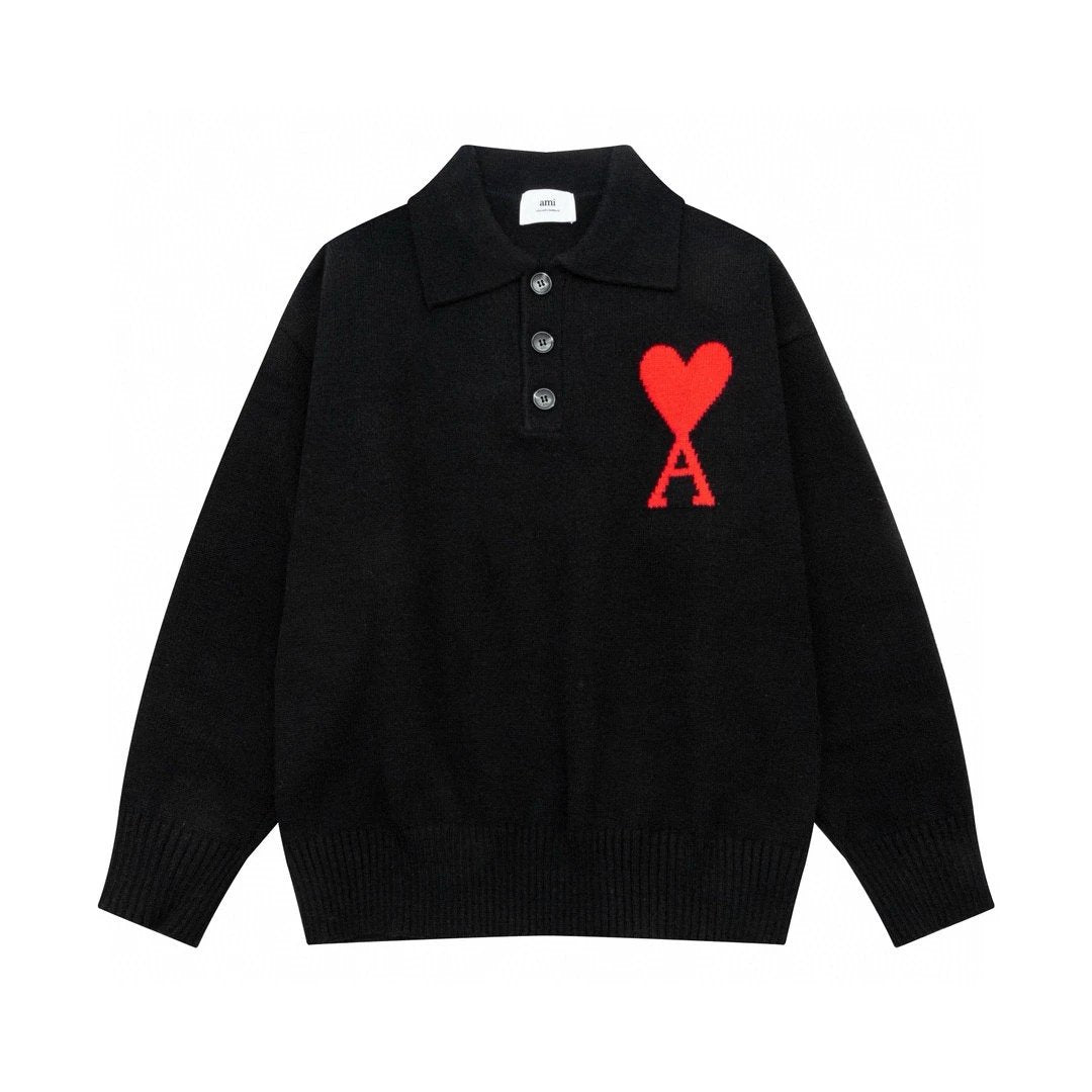 Ami Sweater Top Version Love Embroidered Lapel Sweater polo Shirt Casual Lazy Loose Sweater