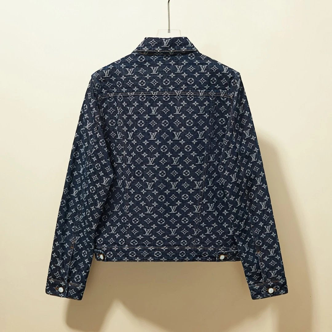 Louis Vuitton LV Jackets Full Print Monoqram Jacquard Pattern Heavy Pearl Button Denim Jacket Coat Unisex Winter Versatile Casual