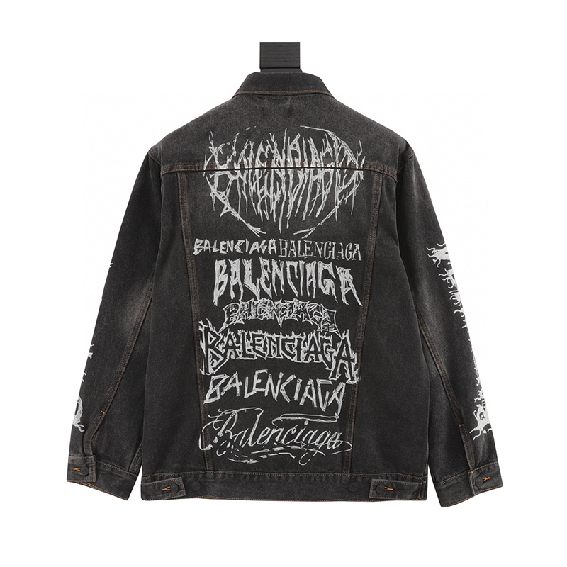 Balenciaga Jackets Text Printing Washed Denim Jacket Same Style for Men and Women