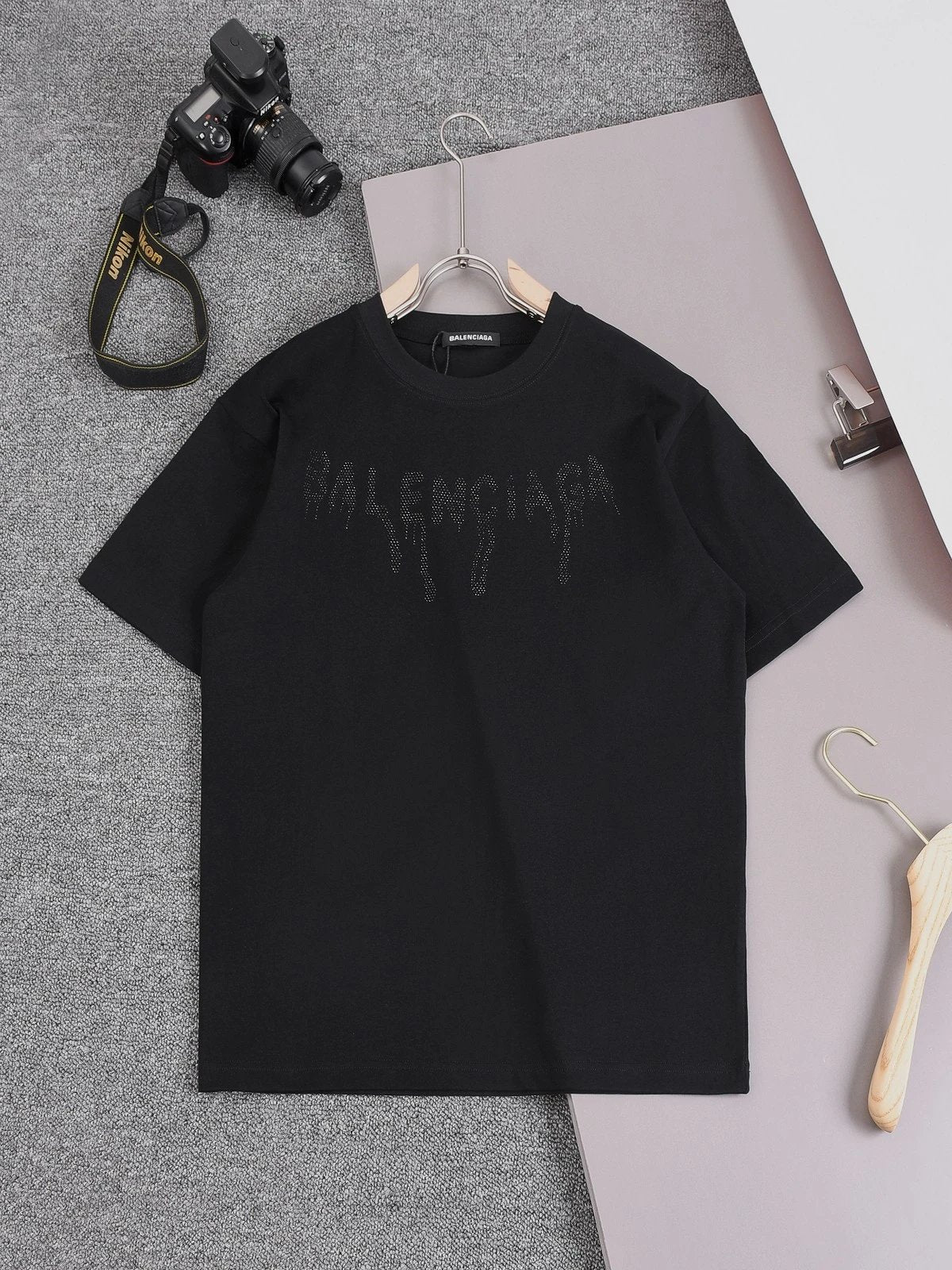 Balenciaga T-shirt Hot Drilling logo round Neck Short Sleeve25ss New Pure Cotton Unisex Style T Casual T-Shirt Base Layer Shirt OS Loose design