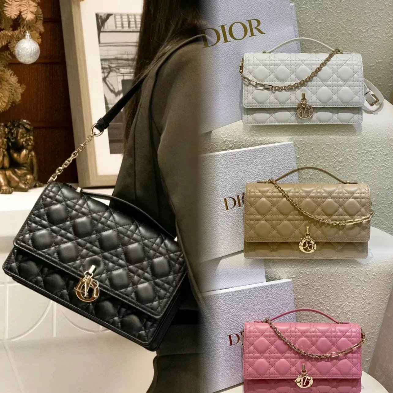 Dior Women's Bag Top version 【Original Order】MISS Handbag Sheep Leather Rattan Plaid Tote2024Early Spring Series New Top Handle Design Portable Shoulder Crossbody Commuter Women's Bag