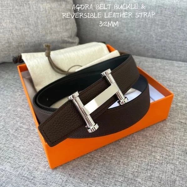 Hermes Belt Top version 【New products in stock】Genuine Leather Belt Business Casual Men and Women H Buckle Belt Double-Sided Available Pant Belt32mm