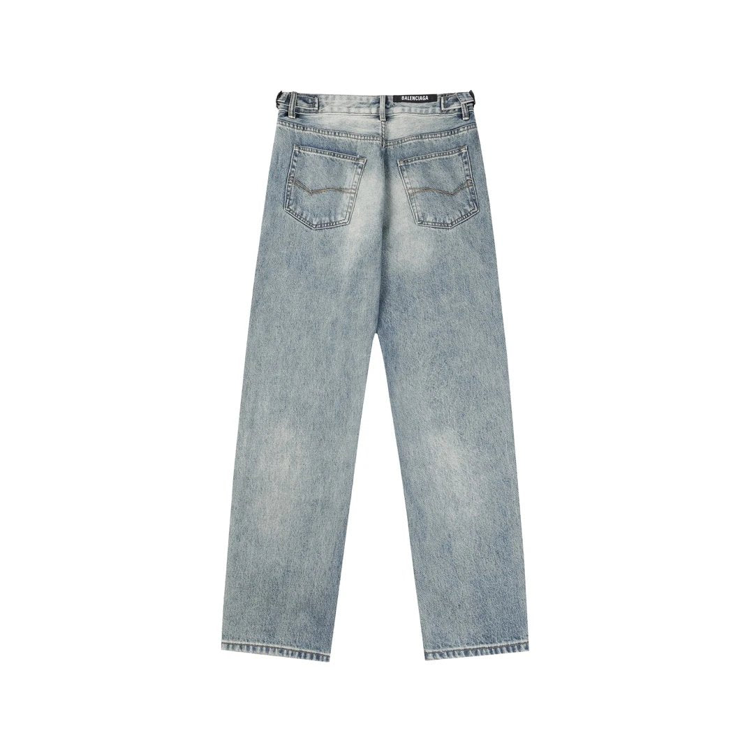 Balenciaga Jeans Washed Horsehair Cat Whisker Cut Straight Blue Jeans Autumn Winter New Unisex Loose Casual Wide Leg High Waist Pants