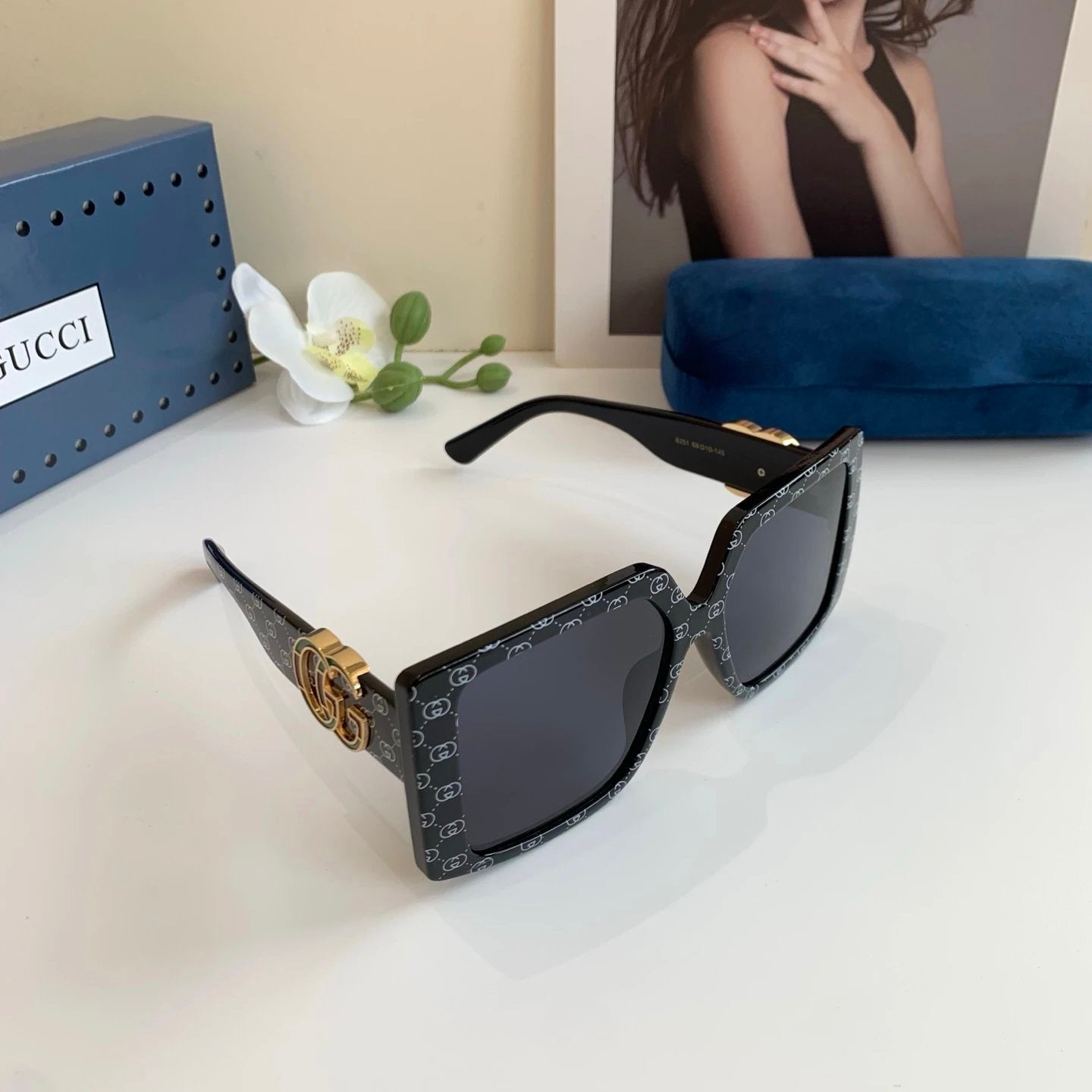 Gucci Sunglasses Full Print Jacquard Frame Sunglasses Slimming Non-Prescription Unisex Couple Style UV Protection Driving Beach Fishing25ss New Sports Casual Versatile