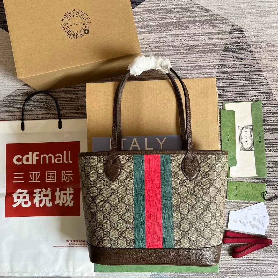 Gucci Women's Bag Top version 【**Original Factory】2023New Ophidia Series Double G Tote Bag Shopping Bag Large Small Size Vegetable Basket Bag Mummy Bag Mother and Child Bag Casual Backpack Handbag Women's Bag726762、726755