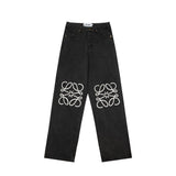 LOEWE Jeans Straight Washed Blue Jeans Autumn Winter New Unisex Loose Casual Wide Leg High Waist Pants